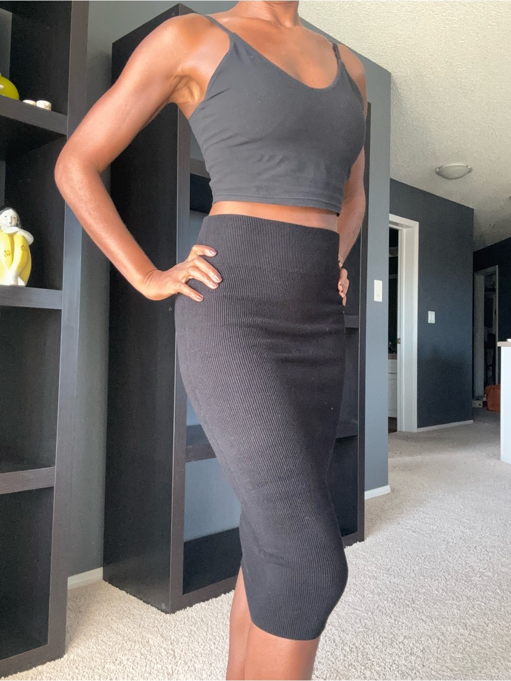 Express Black Ribbed Midi Pencil Skirt